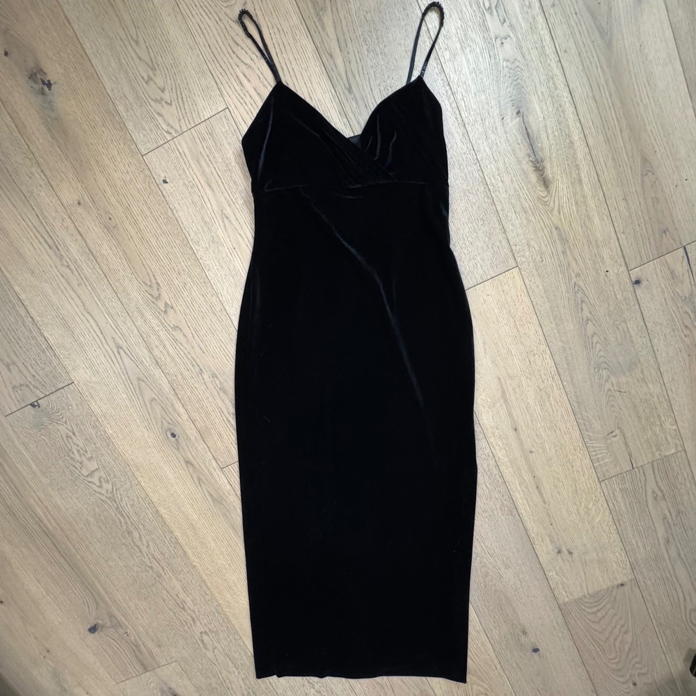 Rimini by Shaw Black Velvet Maxi Dress Beaded Straps Surplice V-Neck‎ Womens 12